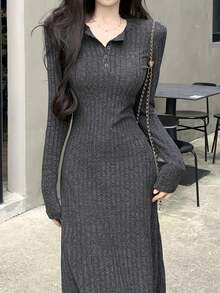 Women's Front Button Long Sleeve Simple Long Dress, Casual Everyday Wear