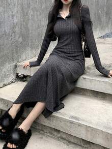 Women's Front Button Long Sleeve Simple Long Dress, Casual Everyday Wear