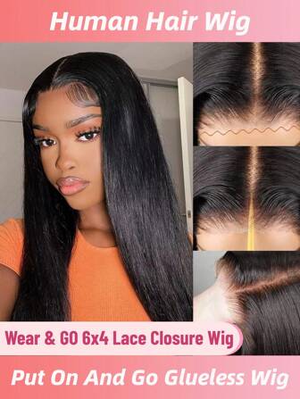 Parrucca umana liscia da 6x4 Wear&Go, parrucca con chiusura in pizzo senza colla, pre-depilata, pronta per l'uso, capelli umani naturali di colore nero, facile da indossare per principianti