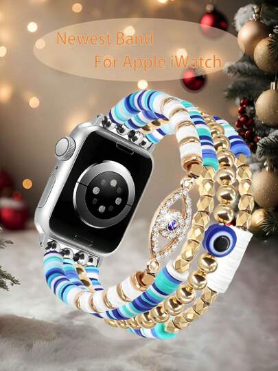 1 pièce Bracelet élégant et en perles Bodhi porte-bonheur compatible avec le bracelet de montre Apple, bracelet bohème à l'œil de diable bleu compatible avec le bracelet de montre Apple 40mm/38mm/41mm Série 9 8 7 SE Série 6/5/4 Bracelet élastique en cristal fait main mode mignon pour homme et femme, Série 3/2/1 Changer le bracelet de montre homme et femme 38mm 40mm 41mm 42mm 44mm 45mm 49mm