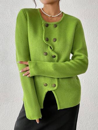 Women's Solid Color Casual Double-Breasted Long Sleeve Cardigan, Spring/Autumn