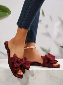 Retro Floral Bow Decor Slides, Women's Fashionable Strap Beach Slippers, Non-Slip Summer/Autumn Christmas Outdoor Sandals