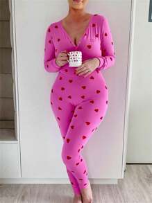 Holiday One Piece Pajamas For Women .Y Pink Heart Striped  Pajamas Cute Love Print Jumpsuit Sleepwear Romper - 粉色 - 查看 4