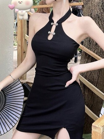 Vestido cheongsam corto, elegante y minimalista sin mangas, con cuello de halter y abertura, de color liso para mujer