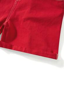 Women Summer Denim Bib Overalls Jumpsuits Adjustable Straps Romper With Pocket Casual Rolled Cuff Shortalls Streetwear - Red - View 8