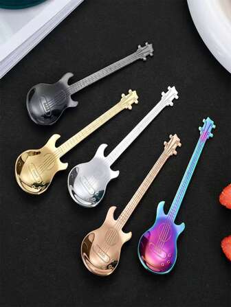 5 件 304 不锈钢吉他形状勺子，创意多色独特咖啡勺，用于搅拌甜点，音乐咖啡馆回到学校