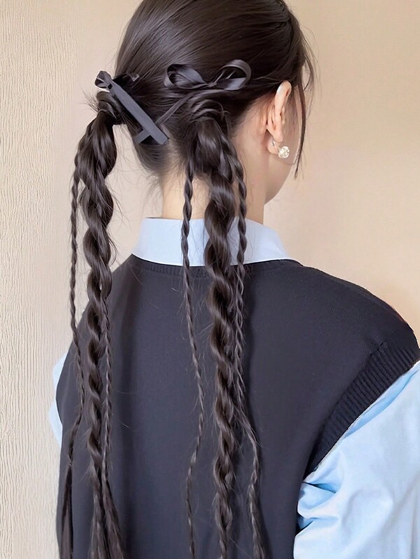 2 peças tranças de cabelo sintético com fita scrunchie, tranças torcidas rabo de cavalo