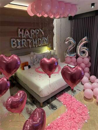 1042 Pieces Pink Birthday Party Decorations, 16-Inch Silver Happy Birthday Banner, 1000 Pieces Of Fake Rose Petals, 40-Inch Giant Foil Number Balloon, Suitable For Women's Birthday Party, Bachelorette Party, Valentine's Day Party
