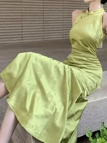 女士无袖立领旗袍连衣裙，优雅腰身合身