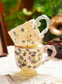 1pc复古花卉陶瓷杯农家风格高脚花朵咖啡杯手工大容量早餐牛奶杯家用水杯办公室咖啡杯甜品杯下午茶杯返校 - 彩色 - 查看 9