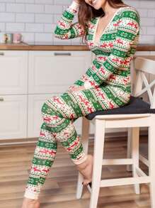 Women's Christmas Pajamas Jumpsuit Plaid/Reindeer Print Long Sleeved V-Neck Slim Fit Romper - Green - View 5