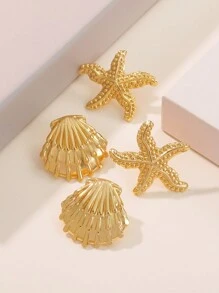 1 Set Stainless Steel Shell & Starfish Shaped Beach Style Earrings, Suitable For Women To Wear To Parties Or On Beach Vacations, Also As Holiday Gift For Her