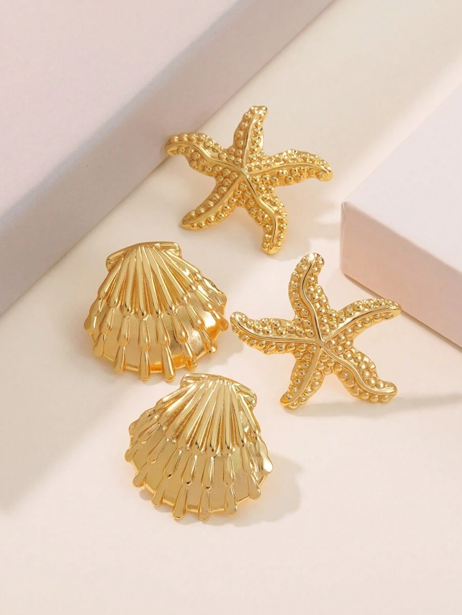 1 Set Stainless Steel Shell & Starfish Shaped Beach Style Earrings, Suitable For Women To Wear To Parties Or On Beach Vacations, Also As Holiday Gift For Her