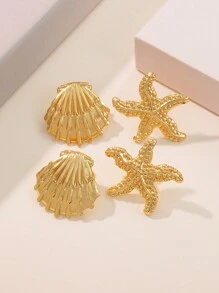 1 Set Stainless Steel Shell & Starfish Shaped Beach Style Earrings, Suitable For Women To Wear To Parties Or On Beach Vacations, Also As Holiday Gift For Her