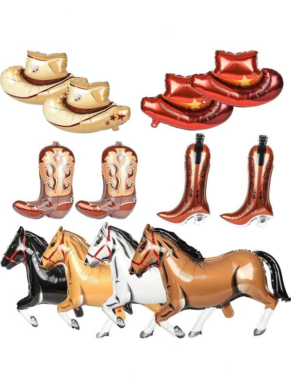 12pcs/Set Western Cowboy Party Balloons, Cowgirl Boot Balloon Cowboy Hat Foil Balloons,Suitable For Cowboy Party Decoration, Birthday Party, Indoor & Outdoor Theme Decoration, Back To School Valentine's Day