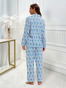 2pcs/Set Women Monkey Print Elastic Casual Long Sleeve Button Front Top & Long Pants Pajama Set - Blue - View 3