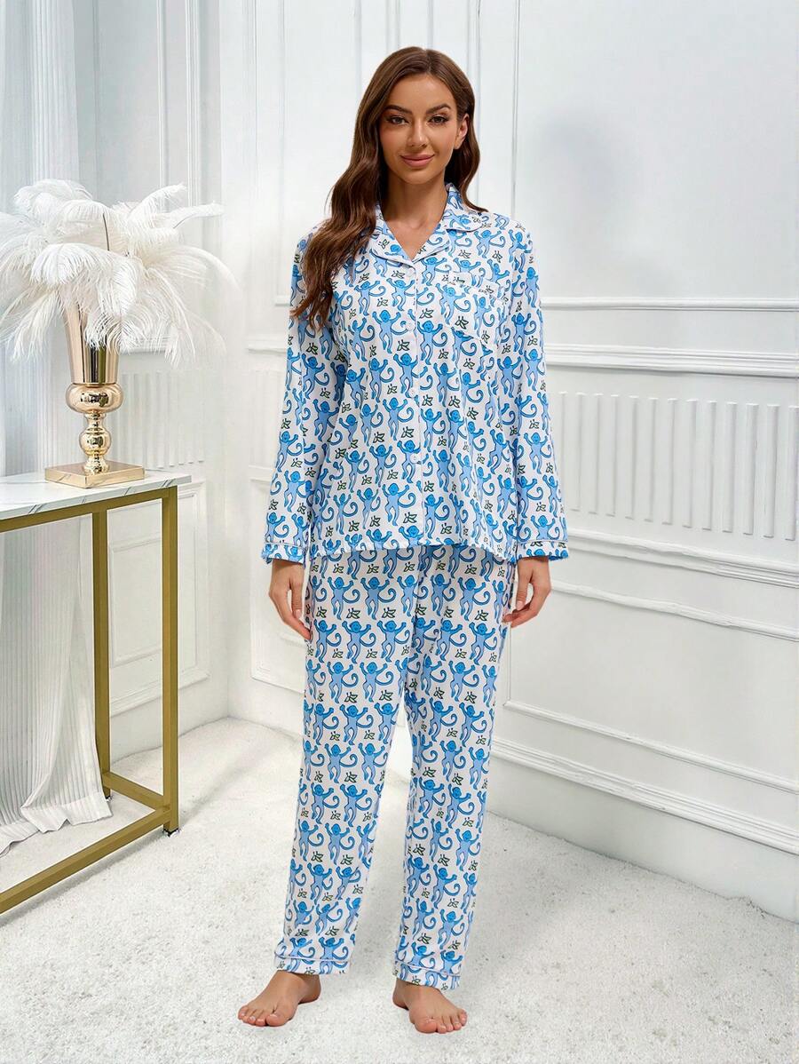 2pcs/Set Women Monkey Print Elastic Casual Long Sleeve Button Front Top & Long Pants Pajama Set - Blue - View 1