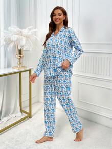 2pcs/Set Women Monkey Print Elastic Casual Long Sleeve Button Front Top & Long Pants Pajama Set - Blue - View 2
