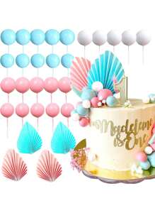 5 - 29 Stück bunte Schaumstoffkugeln als Kuchendekoration, bohemian-stil Kuchendekoration, imitierte Palmblatt-Papier-Fächer als Kuchendekoration, Serien in Blau, Pink, Gelb, Grün oder Lila, geeignet für Taufe, Gender-Reveal-Party, Geburtstag, Rentnerparty, Junggesellinnenabschied für Männer und Frauen, Hochzeitstorte, Valentinstag, vielfältige thematische Kuchendekoration
