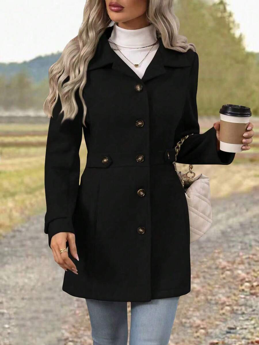 Płaszcz damski jednorzędowy z kołnierzem ściągającym w talii, długi, czarny