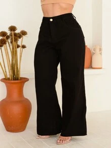 CALCA JEANS FEMININA WIDE LEG CINTURA ALTA 100% ALGODAO