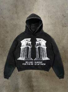 Men's Ionic Column Design Casual Sports Commuting Versatile Long Sleeve Drawstring Sweatshirt - Black - View 1