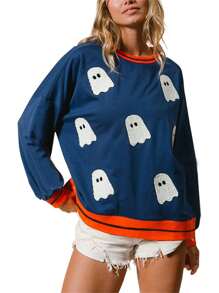 Womens Halloween Sweatshirts Fashion Ghost Embroidery Long Sleeve Oversized Pullover Tops