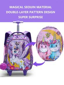 BLING BABIES 3pcs/Set Girls' Rolling Backpack, Cute Cartoon Moon & Unicorn Sequin Design, With Lunch Box & Pencil Case, Suitable For Travel & Commute - Purple - Purple - View 7