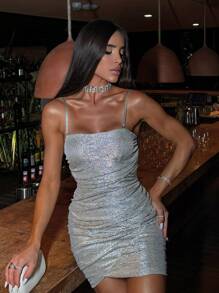 Short Shiny Dress With Drapes Elegant Party End Of Year - Bạc - Xem 1