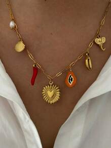 Monlansher 1pc Women's Fashionable Stainless Steel Necklace With Multi-Element Charms, Including Heart Locket, Elephant, Fruit, Fish Tail, Bowknot, & Personalized Metal Style - Gold - View 13