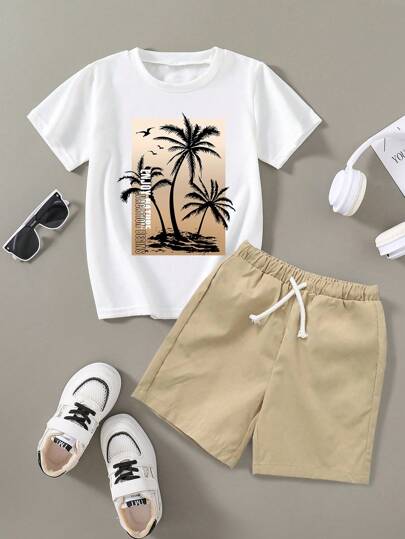 2Pcs/Set Tween Boys Landscape Print Short Sleeve T-Shirt And Drawstring Shorts