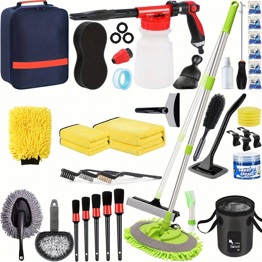 42Pcs Car Wash Detailing Kit Cleaning Kits With Foam Gun Sprayer Wash Brush With Long Handle Collapsible Bucket Large Wash Mitt Towels - Black - View 1