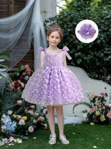 Vestido de fiesta informal de niña con decoración de lazo 3D, vestido de niña de las flores para boda, vestido sin mangas de unicolor - Morado - Ver 1