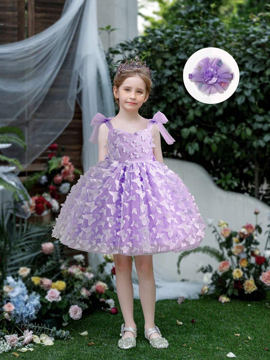 Vestido de fiesta informal de niña con decoración de lazo 3D, vestido de niña de las flores para boda, vestido sin mangas de unicolor - Morado - Ver 1