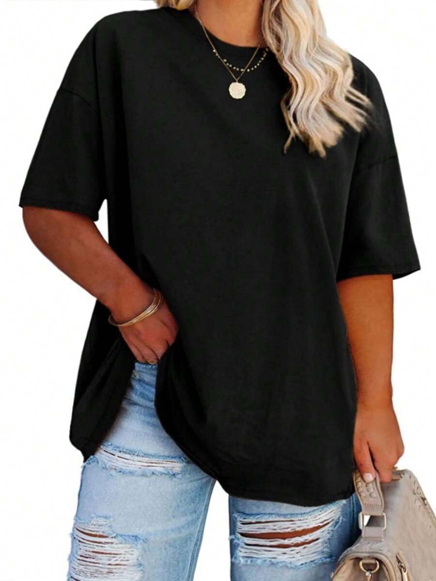 OUTBALL Summer Women's Plus Size Oversized Half Sleeve Crew Neck T-Shirts Tunic Tops - 黑色 - 查看 1