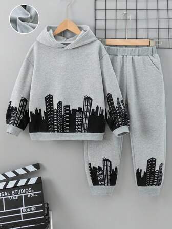 青少年时尚都市印花长袖运动衫和运动裤套装，适合秋冬季