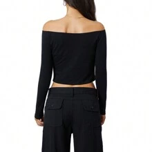 Women Solid Color Short T-Shirts Tie-Up Boat Neck Off Shoulder Long Sleeve Shirts Spring Fall Slim Fit Tops Streetwear