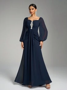 SUPGIR 女士雪纺灯笼袖优雅褶饰钻石点缀纯色连衣裙、伴娘服 - 藏蓝色 - 查看 5