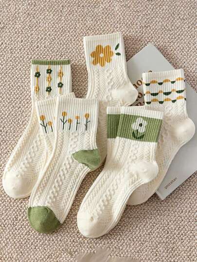 5 Pairs/10pcs Women Cute Green Flower Patterned Comfortable Breathable Crew Socks, Versatile, Fall