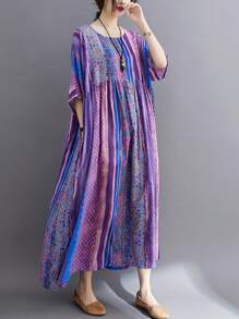 大码轻便连衣裙，2025夏季优雅女装，大码女装，传统连衣裙，紫色条纹印花袖圆领摆裙，夏季休闲度假风日常穿着， - 紫色 - 查看 3