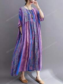 Plus Size Light Dress,2025 Summer Elegant Women's Dress, Plus-Size Women's Dress, Traditional Dress, Purple Striped Print Sleeved Round Neck Swing Dress, Summer Casual Holiday Style Everyday Wear,