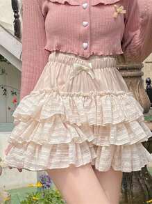 Falda corta de verano para mujer, de unicolor, con volantes y cintura elástica, para playa, vacaciones, club y uso casual