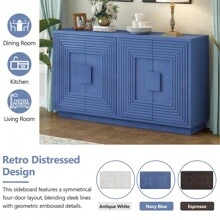 TREXM Vintage Distressed 4-Door Sideboard With Adjustable Shelves And Geometric Pattern For Dining Room Kitchen And Living Room Navy Blue - Navy Blue + Solid Wood+MDF as Pic - View 5