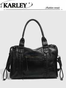 Túi xách nữ mới, túi tote da đã qua xử lý, ví dung tích lớn, túi đeo vai phong cách retro, túi du lịch, túi công sở bắt mắt, túi lớn thời trang mới, túi tote nữ mới. - màu đen - Xem 2