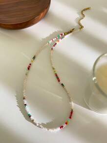 Monlansher 1pc Women's Fashionable Crystal Beaded Necklace With Stainless Steel Spacer Beads And Fish Pendant, Layered Style For Daily Wear