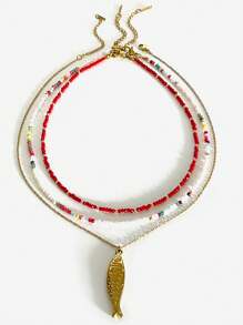 Monlansher 1pc Women's Fashionable Crystal Beaded Necklace With Stainless Steel Spacer Beads And Fish Pendant, Layered Style For Daily Wear
