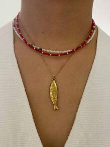Monlansher 1pc Women's Fashionable Crystal Beaded Necklace With Stainless Steel Spacer Beads And Fish Pendant, Layered Style For Daily Wear
