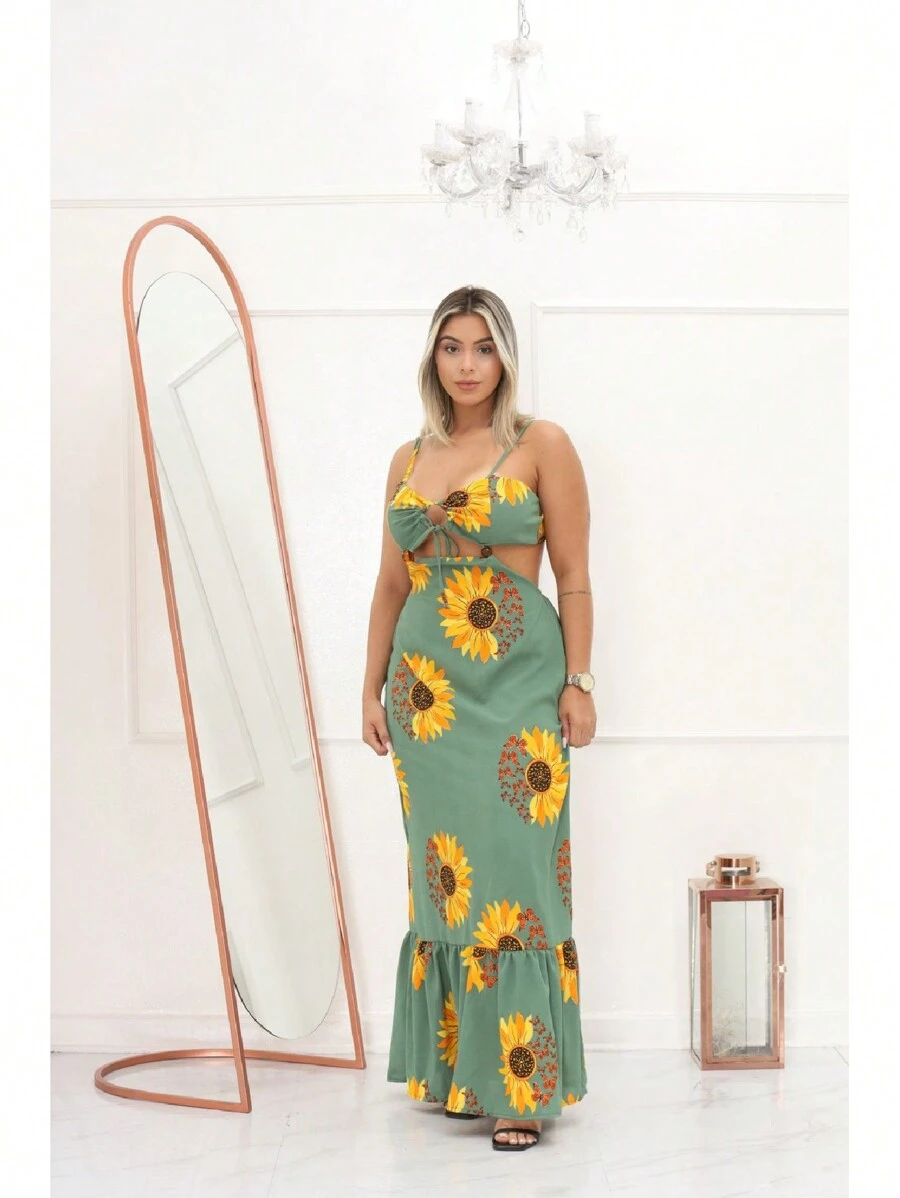 Women's Long Floral Dress With Adjustable Pads Summer - 綠色 - 查看 1