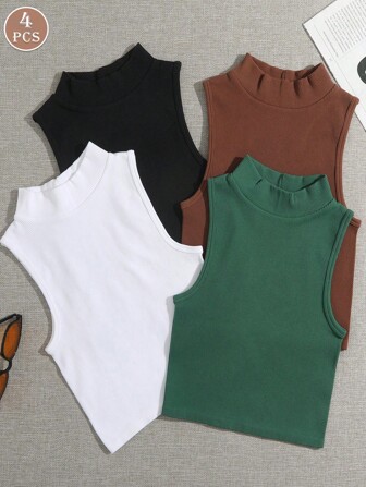 4 件套罗纹高领吊带背心运动文胸上衣，速干瑜伽内衣套装，适合秋冬季