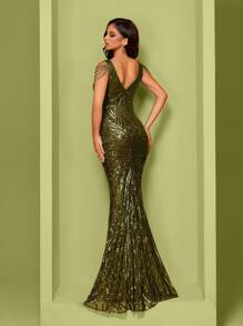 Elisanya Elastic V-Neck Fish Tail Dress, Waist Cinched Design, Paired With Handcrafted Chain Strap For Elegant & Luxurious Look, Suitable For Various Occasions Like Parties, Graduations, Weddings, Formal Events, Party Dress, Wedding Guest Dress, Evening Dress,Gown - Olive Green - View 6